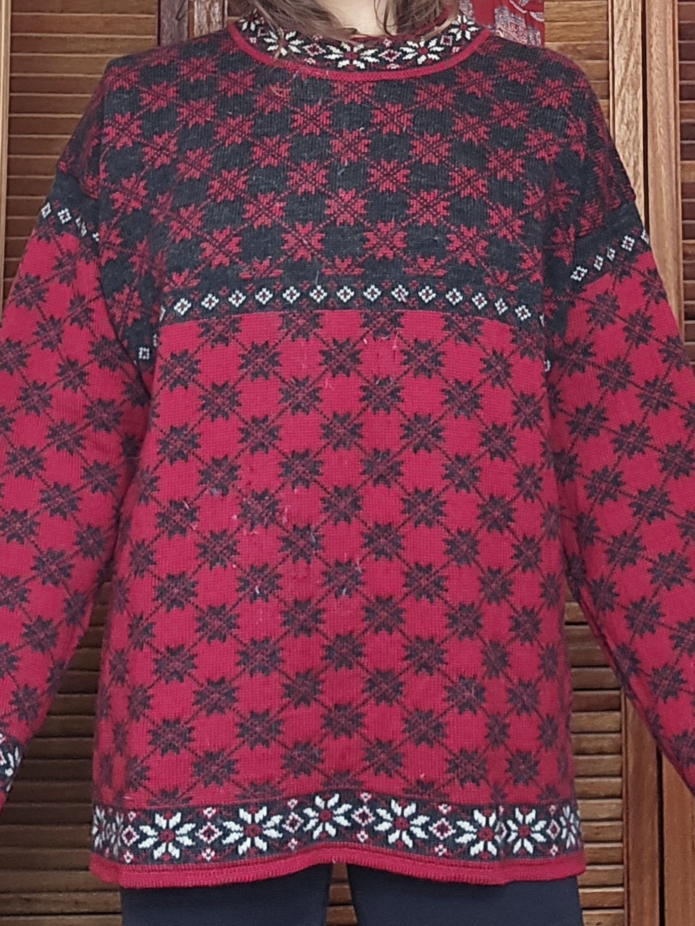 Red and Black Nordic-Pattern Men's Sweater